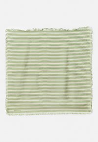Green and white striped scarf featuring a lightweight fabric, frayed edges, and alternating patterns of solid and thin lines.