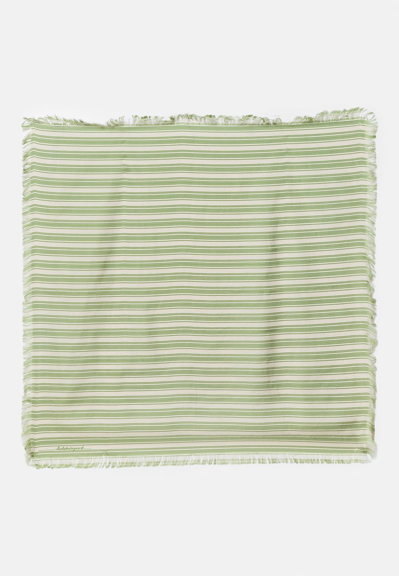 Green and white striped scarf featuring a lightweight fabric, frayed edges, and alternating patterns of solid and thin lines.