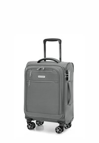 Grauer Trolley mit strukturiertem Stoffaußenmaterial, zwei vorderen Reißverschlusstaschen und einem ausziehbaren Griff. Vier doppelt rotierende Räder für gute Beweglichkeit.