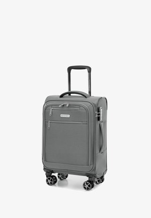 Grijze koffer op wieltjes met een gestructureerde stoffen buitenkant, twee voorzakken met rits en een uitschuifbare handgreep. Vier dubbel draaiende wielen voor mobiliteit.