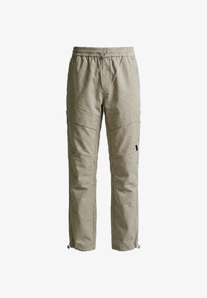 Beige leichte Cargohose mit elastischem Bund, Front- und Seitentaschen sowie verstellbaren Kordeln an den Knöcheln.
