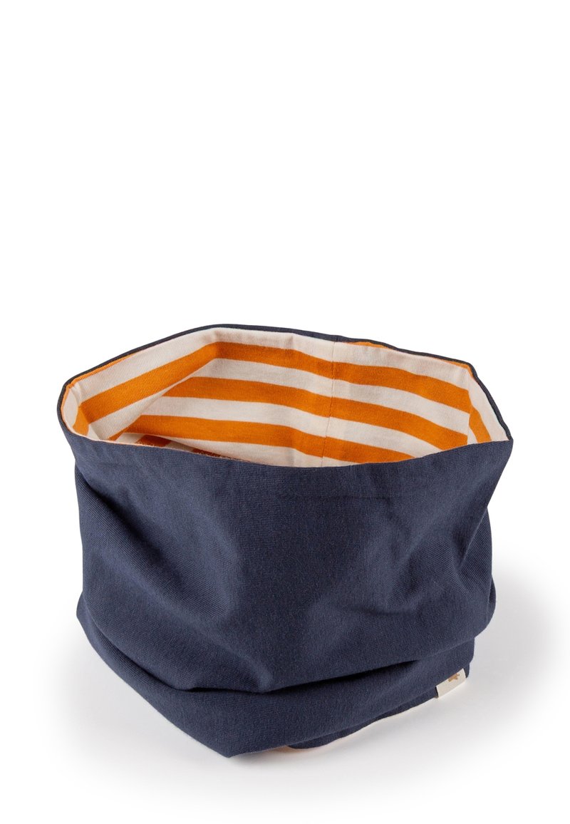 Navy fabric storage basket with an octagonal shape. Interior features alternating orange and white stripes. Soft texture, versatile use.