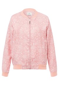 Różowa kurtka bomber z kwiatowym wzorem, elastycznymi mankietami i dolnym brzegiem oraz zamek błyskawiczny z przodu. Wykonana z lekkiego materiału.