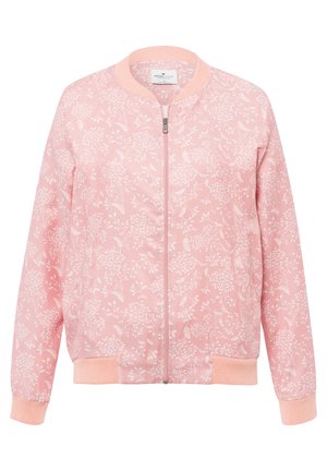 Różowa kurtka bomber z kwiatowym wzorem, elastycznymi mankietami i dolnym brzegiem oraz zamek błyskawiczny z przodu. Wykonana z lekkiego materiału.