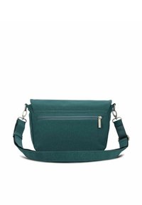 Borsa a tracolla color teal realizzata in tessuto resistente, dotata di tasca frontale con zip, tracolla regolabile e design minimalista con una leggera texture.