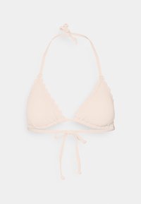 Top de bikini cor pêssego com bordas em ondas, copas triangulares e laços no pescoço e nas costas. Textura suave, design minimalista.