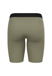 Olijfgroene fietsbroek met een zwarte tailleband, voorzien van een gladde stof, platte naden en geperforeerde accenten aan de zoom.