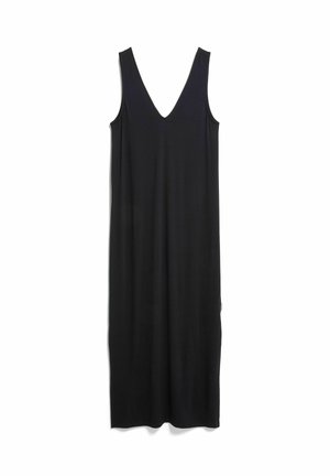 Robe midi noire sans manches avec un décolleté en V profond et une silhouette droite, confectionnée dans un tissu lisse et léger.