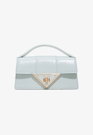 Light blue small handbag with top handle and gold triangular clasp on front flap, displayed on white background.