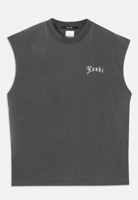 Grijze mouwloze t-shirt met een ronde hals, voorzien van een witte "Ksubi" logo aan de voorkant. Gemaakt van zachte katoen met een relaxte pasvorm.