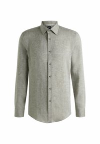 Camicia a maniche lunghe grigia chiara realizzata in un tessuto testurizzato, con chiusura a bottoni sul fronte, colletto a punta e orlo arrotondato.
