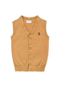 Bez rękawów kamelowy sweter z dekoltem w kształcie V, cztery guziki z przodu, ściągacz u dołu i małe czarne logo na lewej piersi.