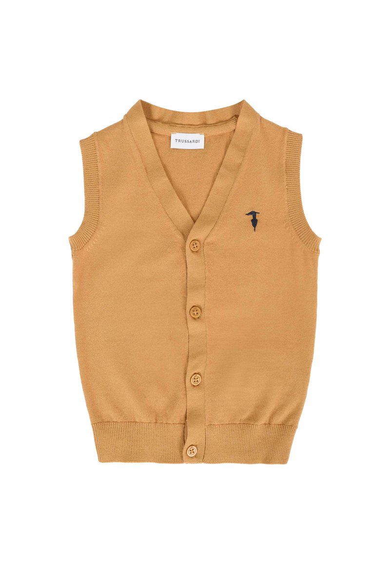 Bez rękawów kamelowy sweter z dekoltem w kształcie V, cztery guziki z przodu, ściągacz u dołu i małe czarne logo na lewej piersi.