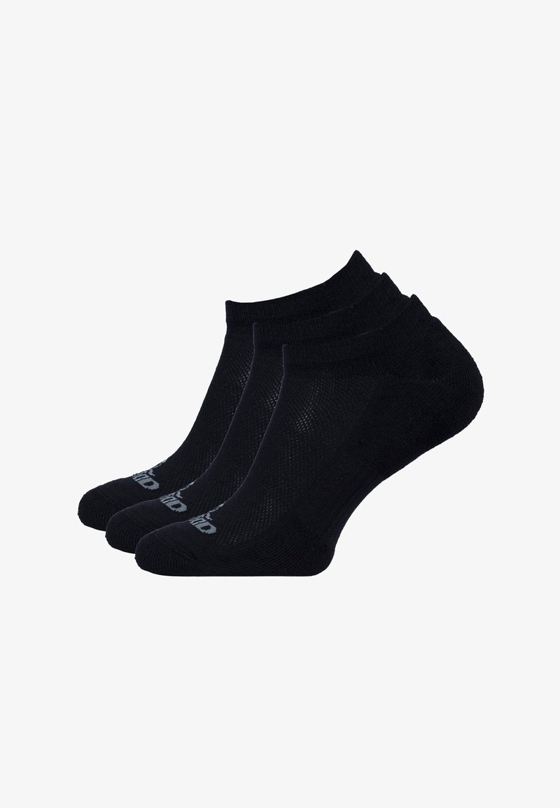 Zwarte enkelsokken, gemaakt van een gestructureerd materiaal, met een geribbelde boord en subtiele branding op het teengebied. Drie paar inbegrepen.
