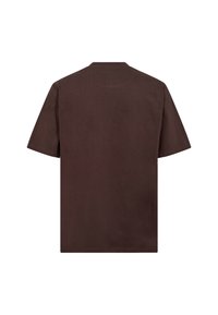 En ensfarvet m�ørkebrun T-shirt med korte ærmer, vist fra ryggen, med rund halsudskæring og enkle syninger.