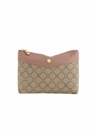 Beige pose med brun geometrisk mønster, pink lædertop, guld hardware og lynlås lukning. Vandret oval form med tekstureret overflade.