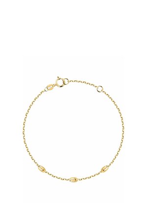 Goldene Kettenarmband mit ovalen Gliedern und einem traditionellen Verschluss. Das Design ist zart mit einer glänzenden Oberfläche und einer leichten Textur.