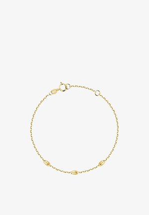 Guldarmbånd med ovale led og en traditionel lukning. Designet er delikat med en poleret finish og en let tekstur.
