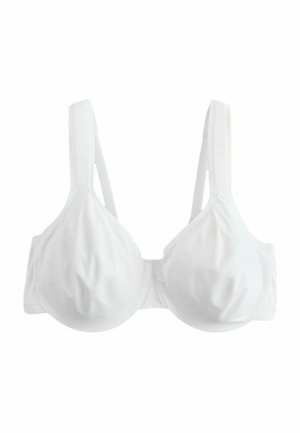 Valkoinen toppauksilla varustettu liiviteline, jossa on pehmustetut kupit ja säädettävät olkaimet, esitetty yksinkertaisella valkoisella taustalla.