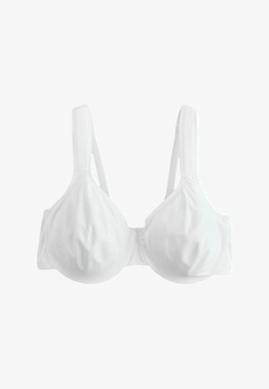 Weißer Bügel-BH mit gepolsterten Cups und verstellbaren Trägern, auf weißem Hintergrund präsentiert.