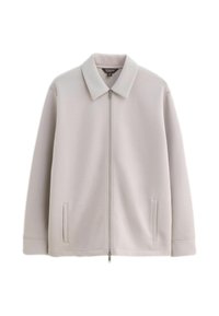 Light gray zip-up jacket with a collar and two vertical slit pockets, displayed against a white background.