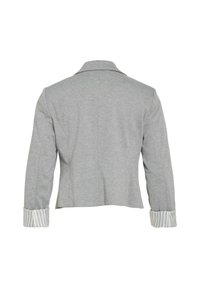 Grå kort jakke med en subtil tekstur. Har en hakket krage og stripete mansjetter. Baksiden viser rene linjer og en skreddersydd silhuett.