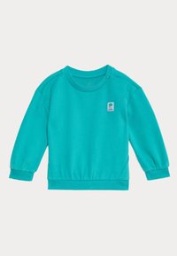 Sweatshirt teal con maniche lunghe, polsini e fondo a coste, e una piccola toppa con logo sul davanti. Tessuto in cotone morbido e leggero.