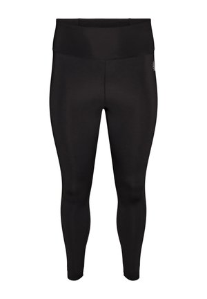 Sorte leggings med høj talje og fuld længde i glat stof med diskret side-logo på hvid baggrund.