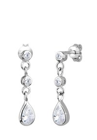 Sølvringe med to runde klare cubic zirconia og en dråbeformet klar ædelsten vedhæng, poleret finish, designet til gennemborede ører.