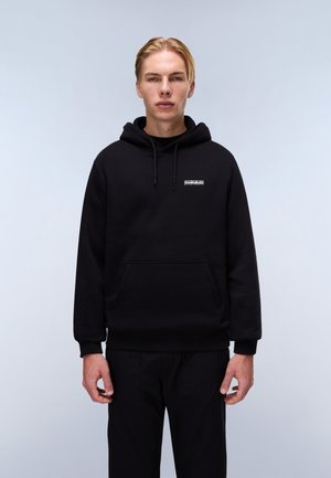Black hooded sweatshirt with a kangaroo pocket, drawstring hood, and small white logo on the chest. Smooth fabric, relaxed fit.