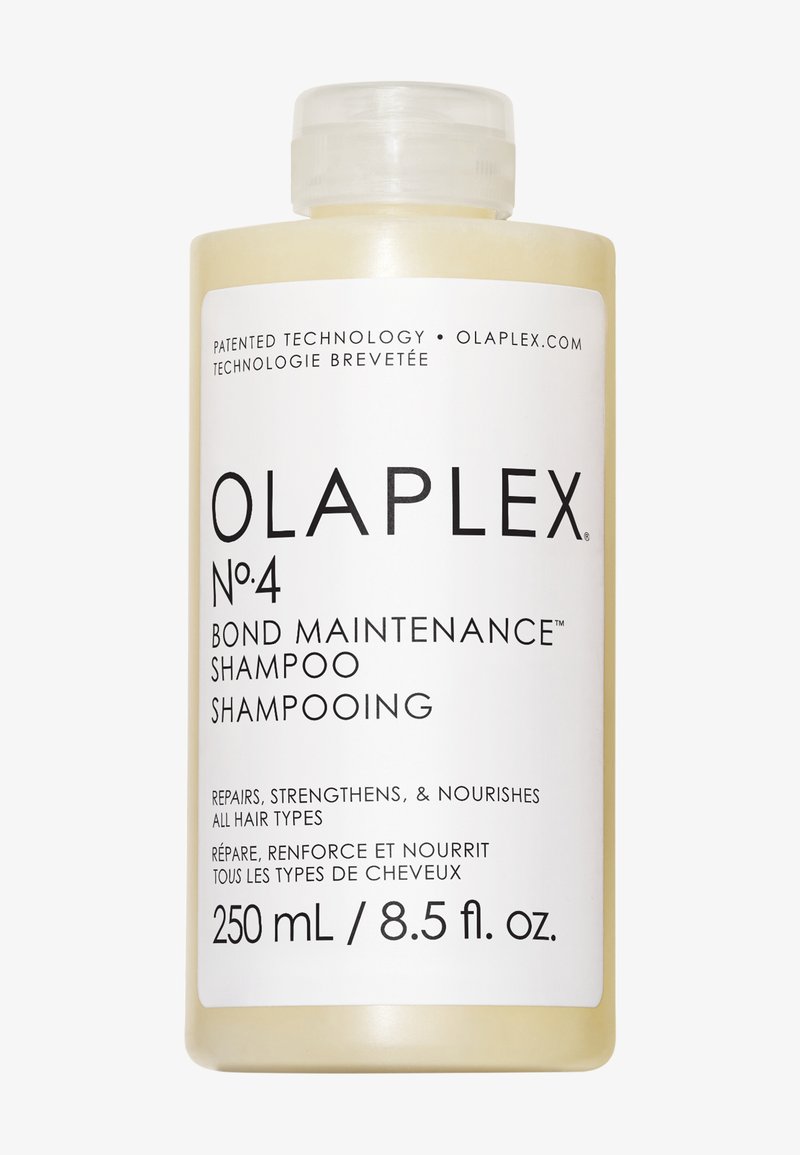 Flacon de shampooing Olaplex No. 4 Bond Maintenance, 250 ml, répare, renforce et nourrit tous les types de cheveux.