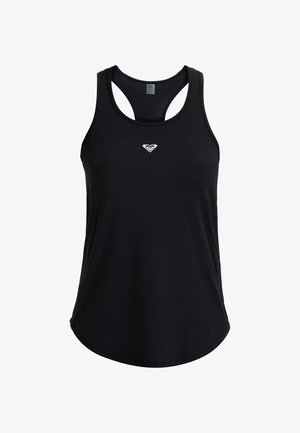 Schwarzes sportliches Tanktop mit Racerback-Design. Hergestellt aus einem glatten, dehnbaren Stoff, der ein kleines weißes Logo auf der Brust trägt.