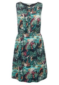 Ärmlös klänning med en mörk bakgrund och ett färgglatt djungelmönster, elastisk midja och knapppar ned längs framsidan.