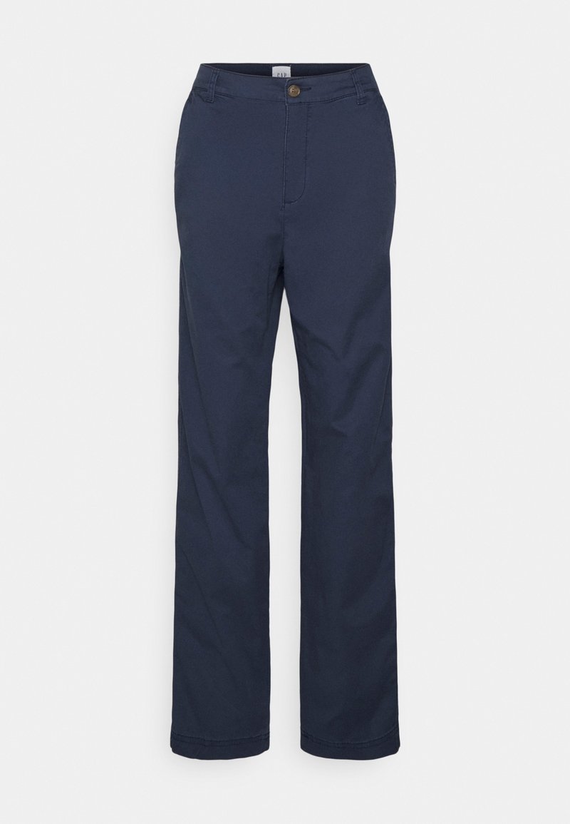 Pantalon bleu marine à jambes droites avec fermeture à boutons, passants pour ceinture et poches latérales sur un fond clair uni.