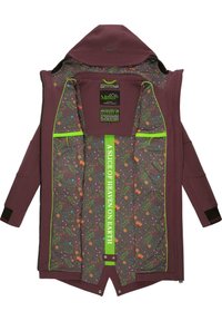 Maroon jacket with a hood, featuring a colorful patterned lining, bright green accents, and a text panel stating "A SLICE OF HEAVEN ON EARTH."