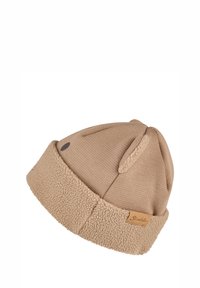 Beige knit hat with a soft, fluffy beige fleece trim, featuring small animal ears and a tag on the side. Textured material throughout.