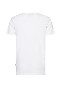 Camiseta blanca de manga corta, de cuello redondo, hecha de algodón, presenta una parte posterior lisa sin ningún diseño o adorno adicional.
