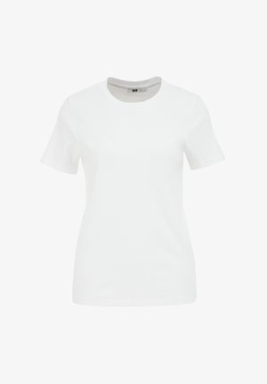 Biała koszulka krótkim rękawem wykonana z bawełny, z okrągłym dekoltem i gładką fakturą. Prosty design bez wzorów czy akcentów.