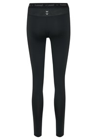 Leggings sportivi neri con una texture liscia e elastica. Presentano un'ampia vita con marchio e dettagli di cucitura minimi.