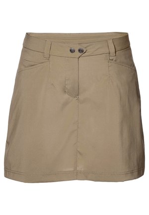 Beige knælængde nederdel med dobbelt knaplukning foran, bæltestropper og sidelommer, lavet af glat stof.