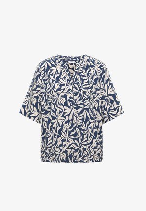 Blouse bleu marine avec motif feuille abstraite blanche, manches courtes, encolure ronde et devant partiellement boutonné.