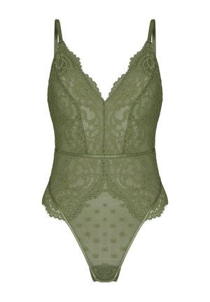 Ελιά πράσινο κορμάκι από δαντέλα με floral μοτίβα, ρυθμιζόμενους ιμάντες ώμου και οδοντωτές άκρες κατά μήκος του λαιμού και των ανοίγματων στα πόδια.