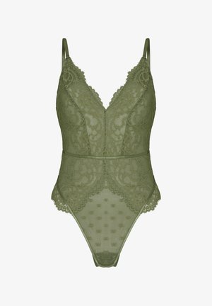 Olivovo zelené čipkované body s kvetinovými vzormi, nastaviteľnými ramienkami a oblými okrajmi pozdĺž výstrihu a okrajov nôh.