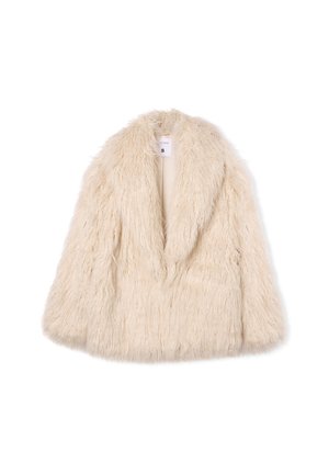 Cappotto in pelliccia sintetica color crema con una superficie morbida e testurizzata, design aperto e senza chiusure. Caratterizzato da una vestibilità rilassata e maniche ampie.