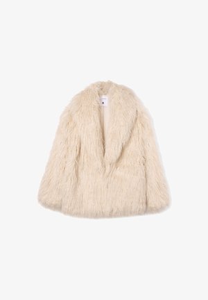 Cappotto in pelliccia sintetica color crema con una superficie morbida e testurizzata, design aperto e senza chiusure. Caratterizzato da una vestibilità rilassata e maniche ampie.