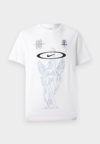White cotton T-shirt featuring light blue graphic of an angelic figure, Nike logo in black, and additional blue accents above and below.