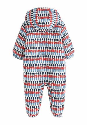 Bodysuit pour bébé imprimé fabriqué à partir d'un tissu doux. Doté d'une capuche et d'un motif de soldats en rouge et bleu sur un fond blanc.