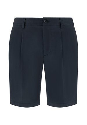 Marineblaue, maßgeschneiderte Shorts mit vorderer Knopfleiste, Gürtelschlaufen und Falten, enden über dem Knie.