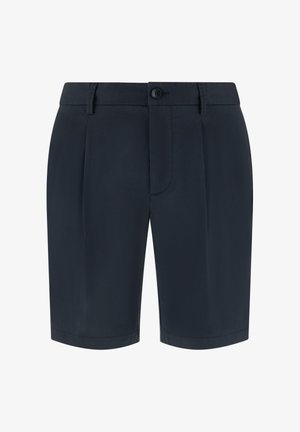 Marineblauwe, op maat gemaakte korte broek met knoopsluiting aan de voorkant, riemlussen en plooien, eindigend boven de knie.