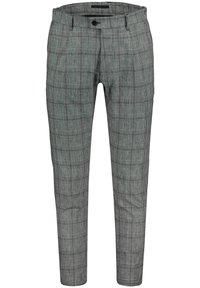 Šedé kostkované kalhoty s přizpůsobeným střihem, zapínáním na knoflíky a bočními kapsami. Vyrobené z lehké látky s hladkou texturou.